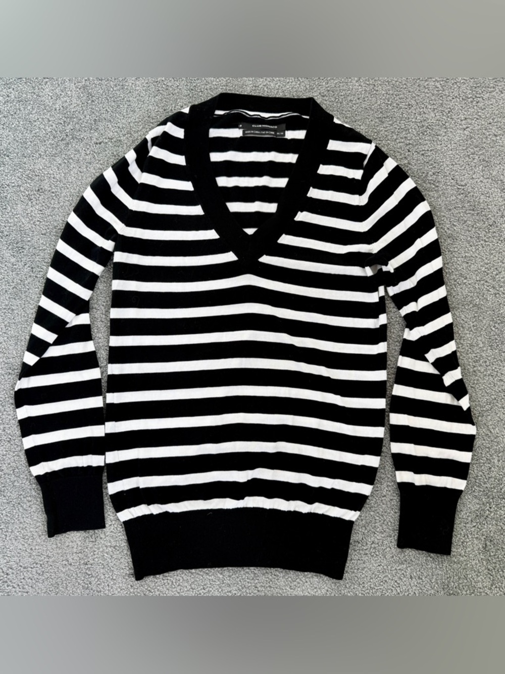 New Club Monaco fine lightweight cotton knit  black white stripes sweater top M